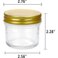 Clear glass jar with gold lid and dimensions on a white background